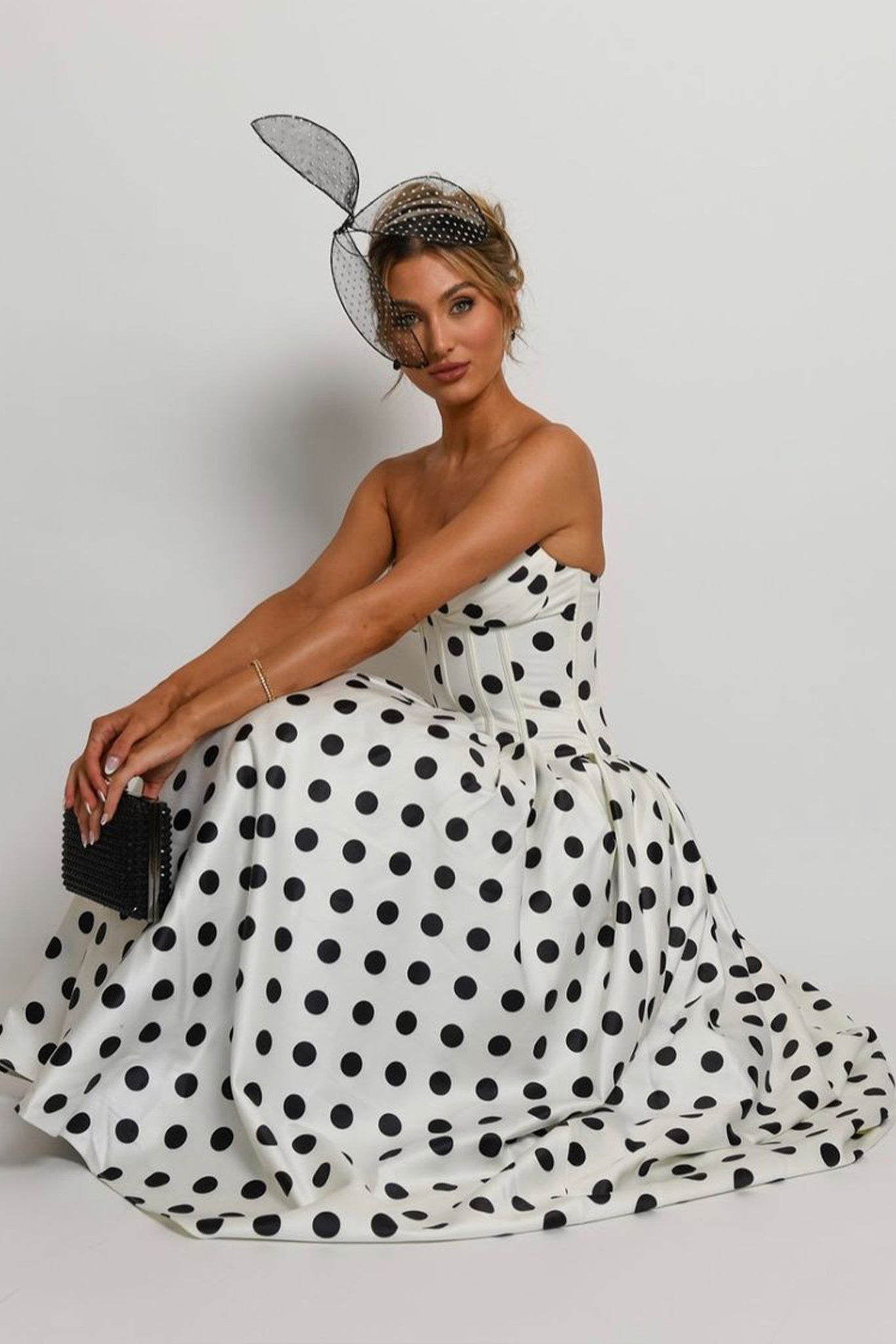 White Polka Dot Bandeau Midi Dress
